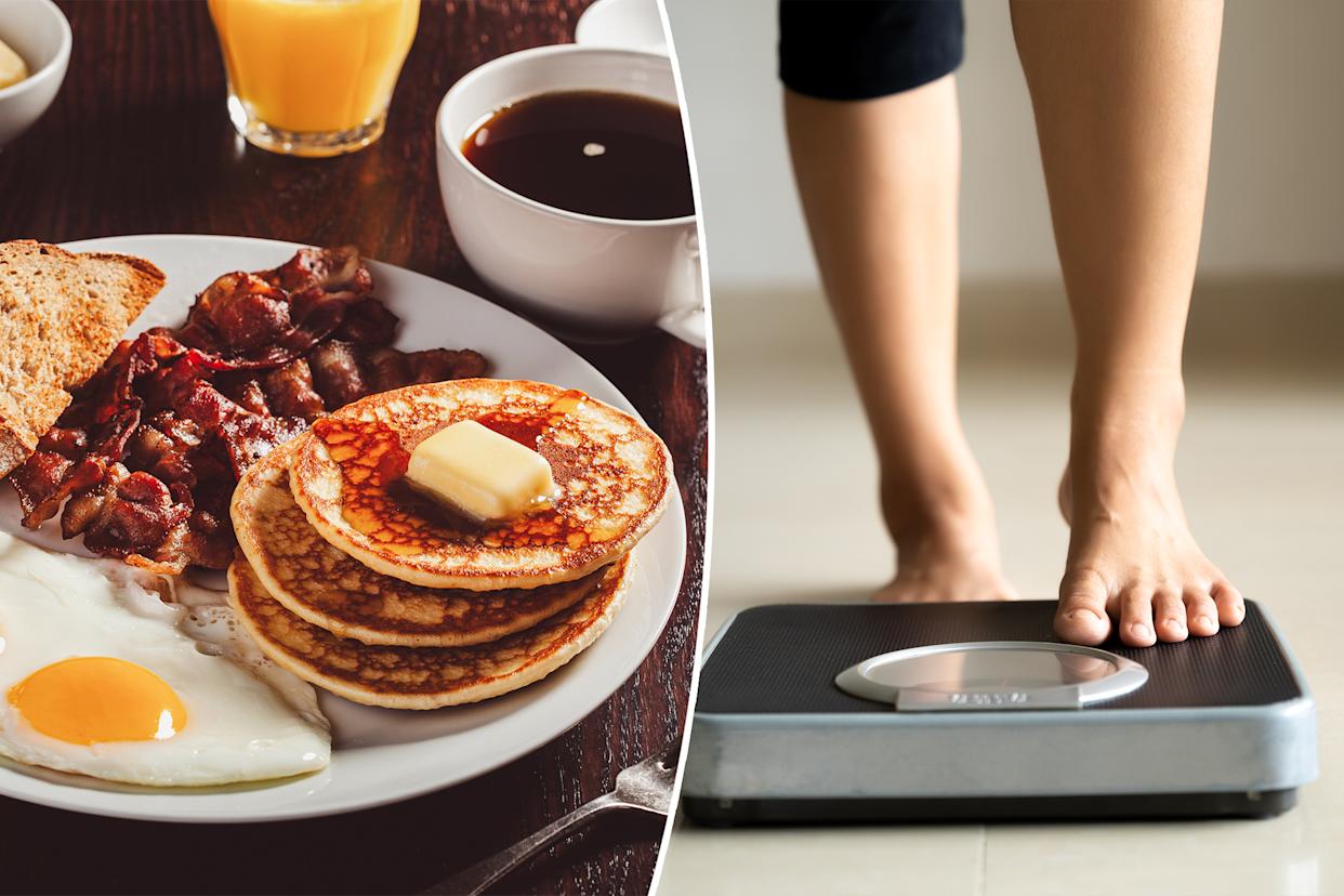 Łazienkowa waga pokazuje minus pięć kilogramów obok pustego notesu kalorii