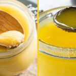 szklany słoik z złotym masłem klarowanym ghee na drewnianym stole