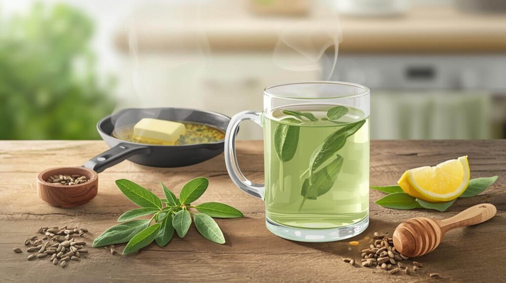 młoda kobieta płucze gardło ciepłym naparem z liści szałwii w kuchni